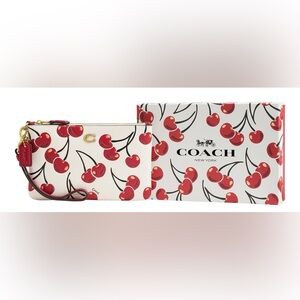 COACH Chalk Leather Cherry Embossed Wristlet in Gift Box